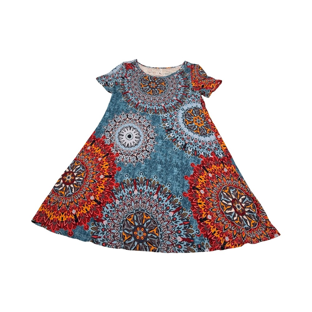 POPYOUNG Medium Mandala Print‎ T-Shirt Dress Teal Orange Boho whimsy Swing Mini